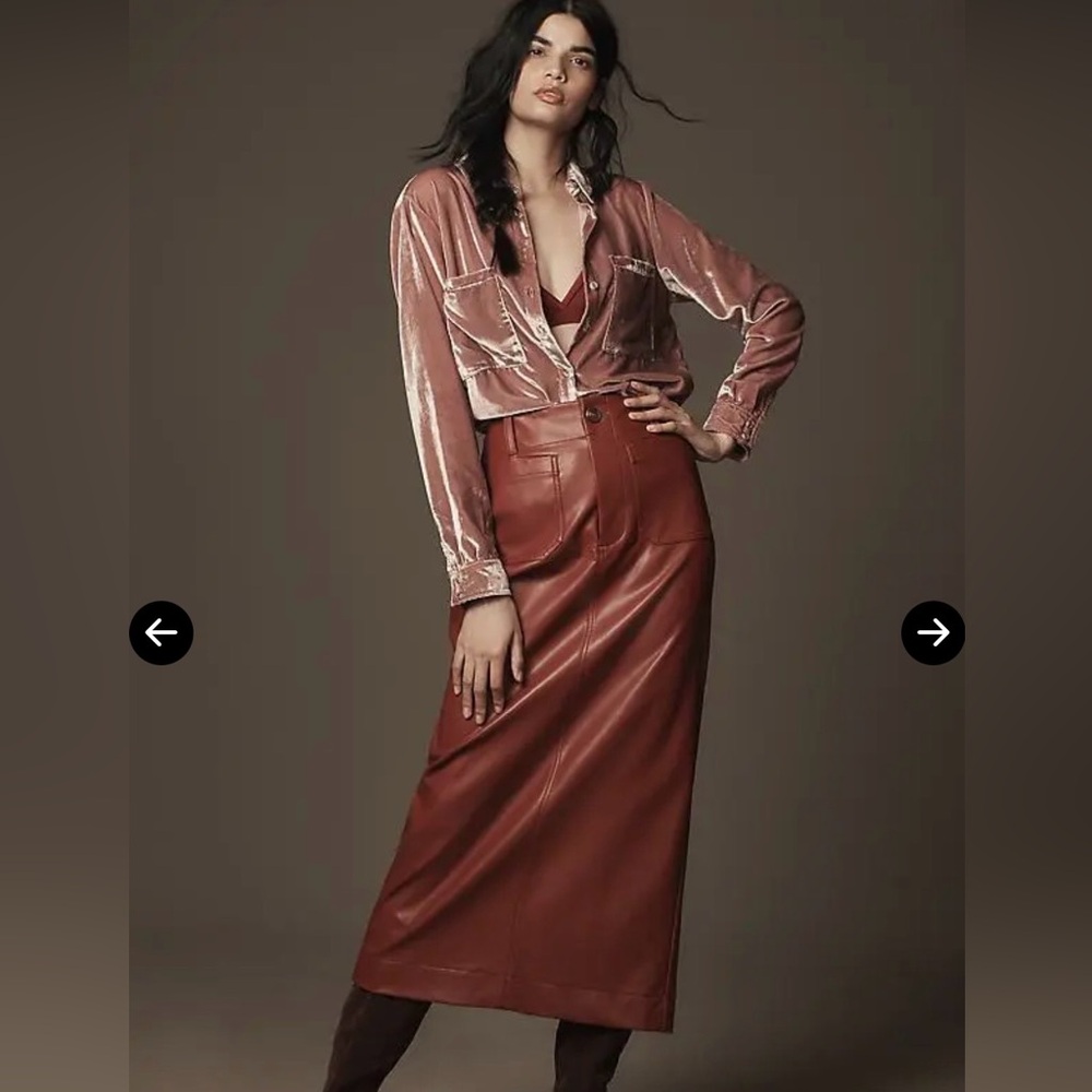 Maeve Anthropologie Faux Leather Maxi Skirt Burgundy Rose Front Pocket